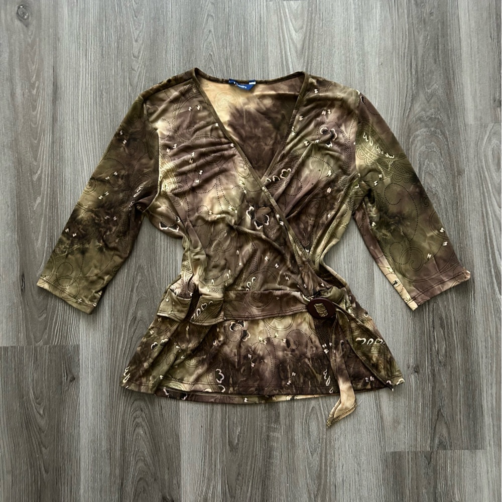 Vintage Made in Canada Reitmans Olive and Brown Wrap Tunic with Side Tie - Picture 1 of 5